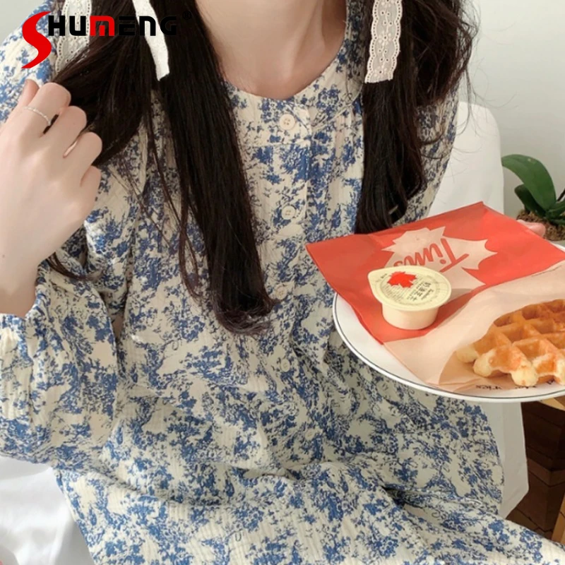 

Spring Autumn Pure Cotton Women's Nightdress High End Blue Ink Painting Loungewear Female Japanese Long Sleeve Homewear Set