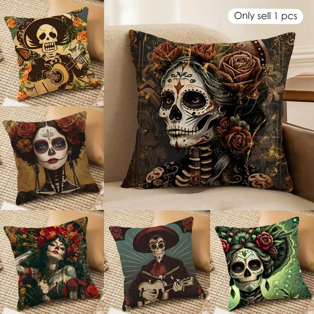 Day Of The Dead Skull Cushion Cover Silky Short Plush Invisible Zipper Dustproof Sofa Pillow Case For Home Decor