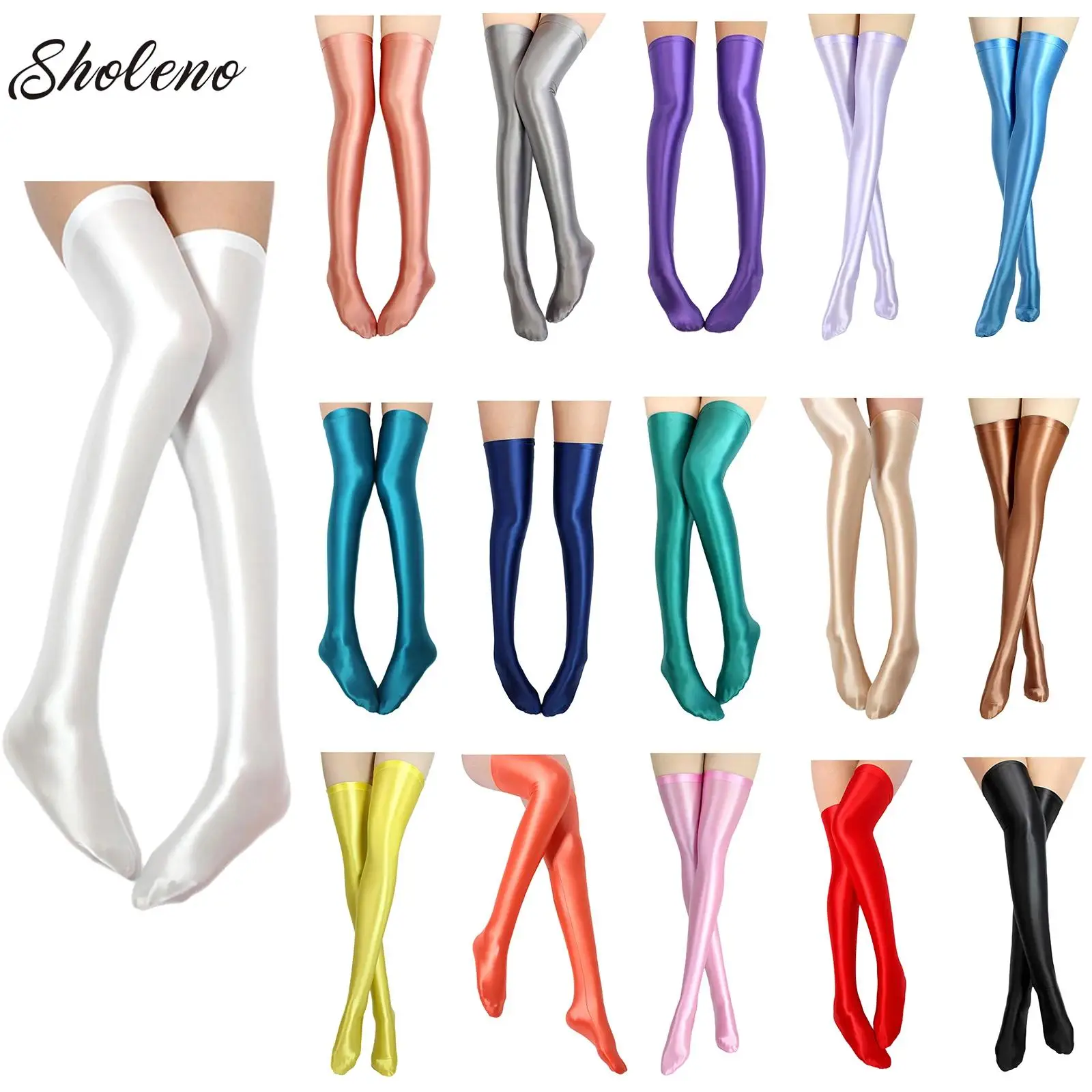 Women Opaque Shiny Thigh High Long Stocking with Anti-Slip Silicone Glossy Tights Sock for Party Club Japanese Sexy Stockings