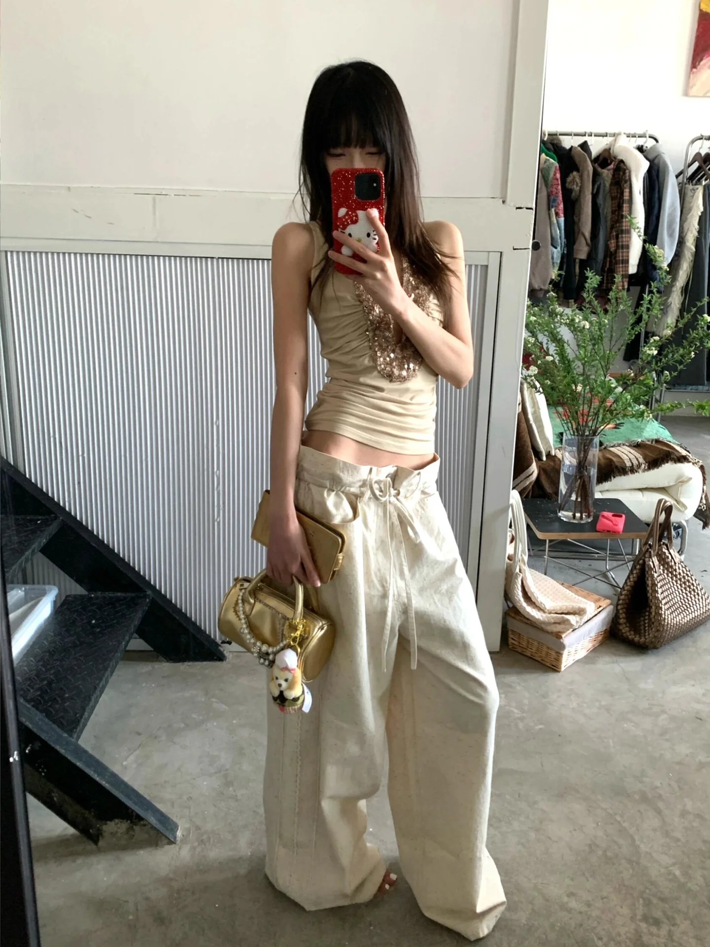 

Американские ретро-брюки с широкими штанинами для женщин, повседневные, на раннюю весну, с завязками, свободные, прямые, длинные, с цветочным принтом на талии