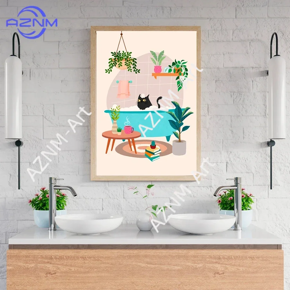 Schwarze Katze, Schaumbad, Kunst-Leinwandposter, lustiger Katzendruck, Badezimmer-Wandbild, abstrakte Wanddekoration, Gemälde, Heimgeschenk, ungerahmt