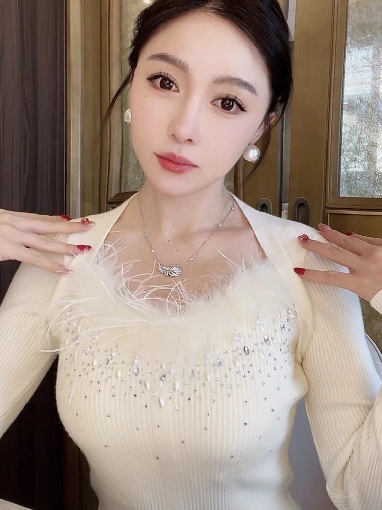 

Tian Jiao Baby Feather Spliced Knitted Sweater Women's Inner Wear Diamond Embedded Wool Heavyweight Autumn Winter Ele