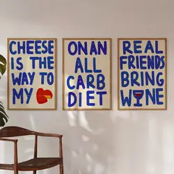 Modern Real Friends Bring Wine Cheese Lover All Carb Diet Quotes Wall Art Prints Canvas Painting Poster Pictures For Living Room