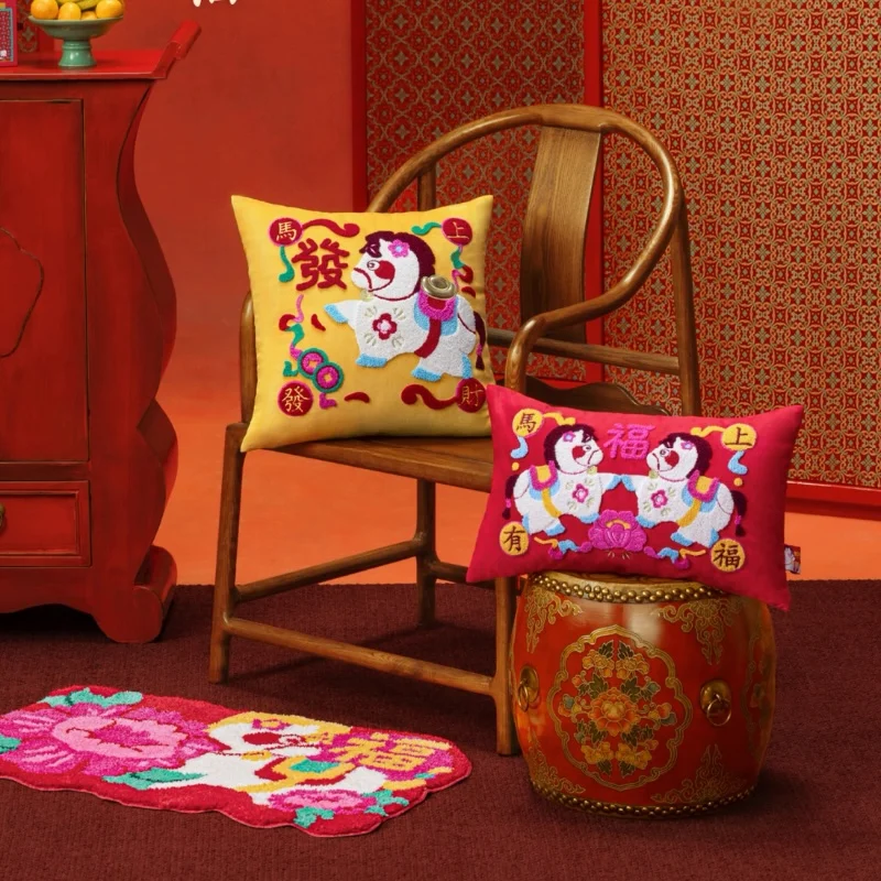 Chinese Horse Year Pillows Joy Traditional Embroidery Decorative Pillow For Sofa Chair New Year Cushion Cover Warm Home Decorate