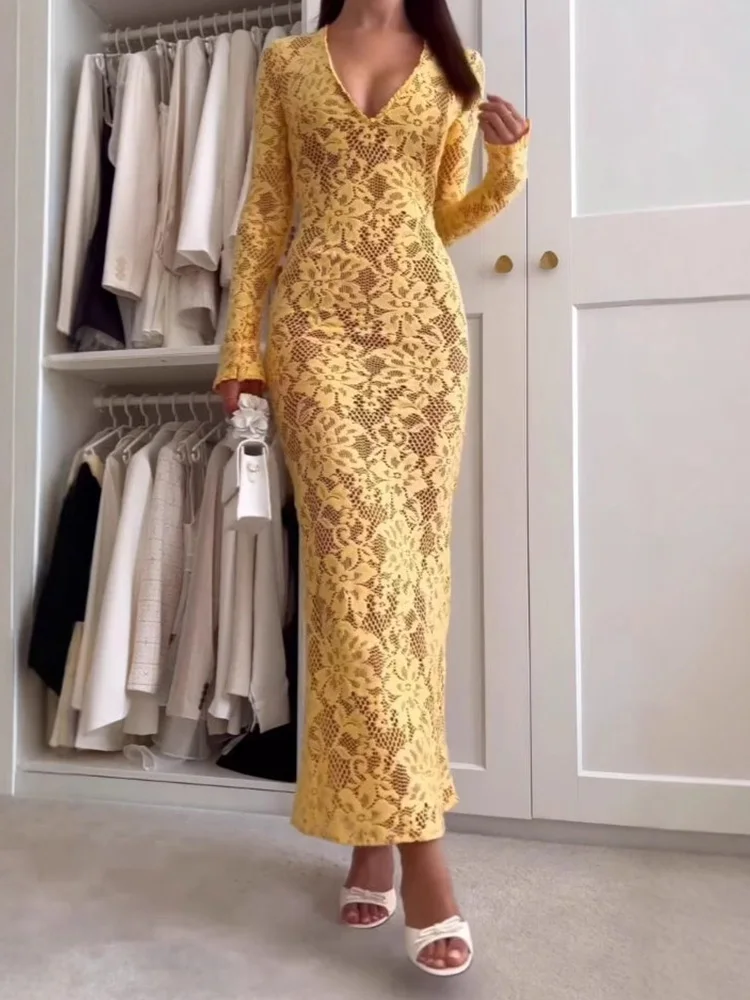 

Deioao V Neck Women Long Sleeve Dress Chic Female A Line Party Club Lace Dress New Elegant Lady Yellow Long Dress Slim Vestidos