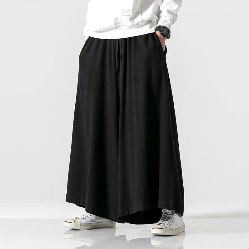 

Spring Autumn Linen Pants Men Loose Flared Casual Large Size Wide Leg Skirt Pants Cotton Linen Zen Meditation Long Trousers