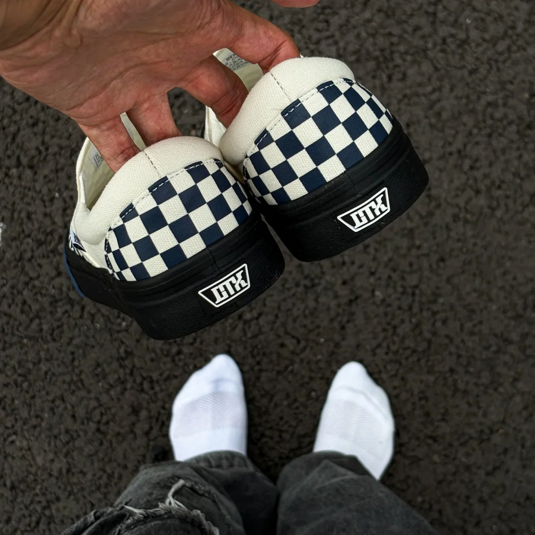 BlueWhite Checkerboard Slipon Lazy Shoes, Black Outsole Retro Breathable WearResistant Unisex Canvas Casual Board Sneakers