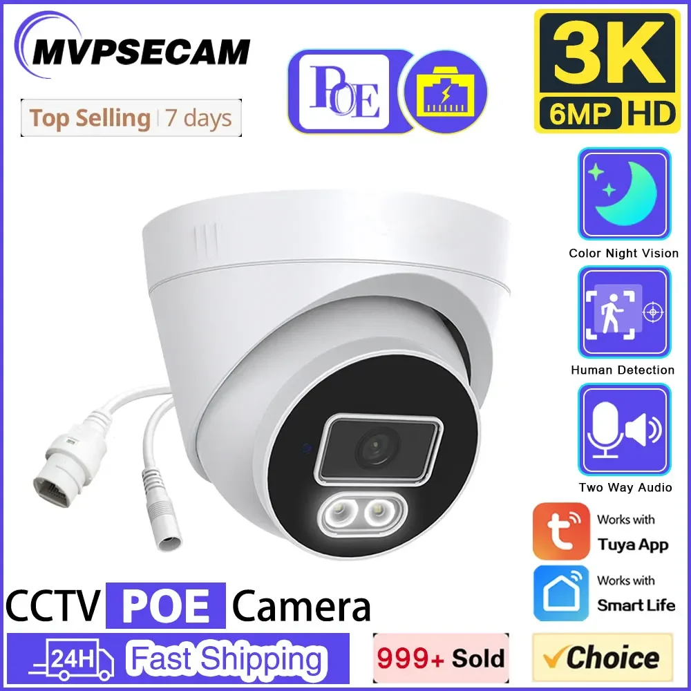 

Tuya 6MP Dome POE IP Camera Two-Way Audio H.265 Wide Angle 3.6mm AI Color Night Vision Home CCTV Video Surveillance Security