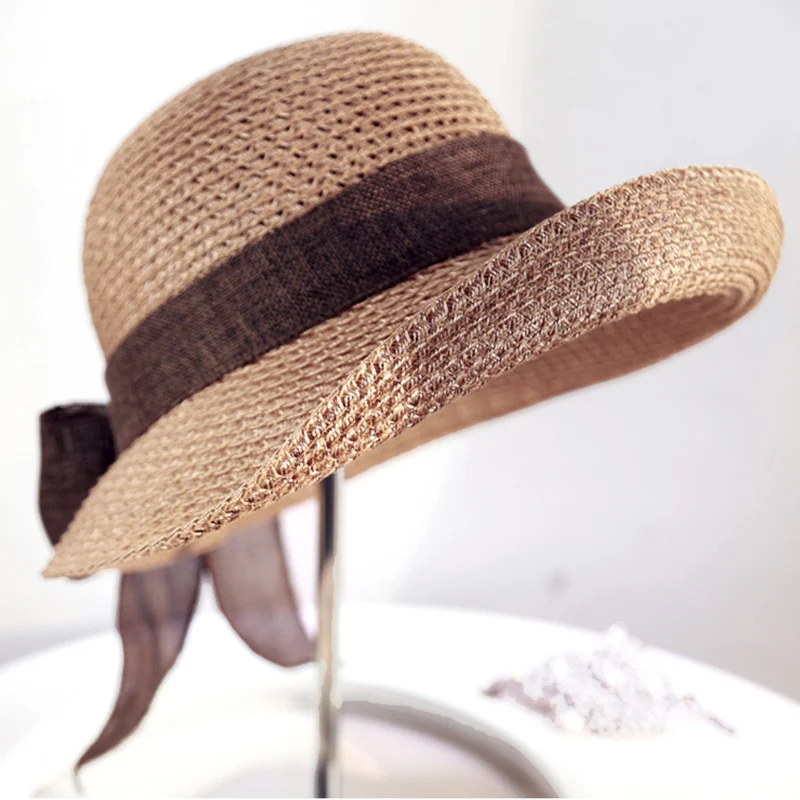 Summer Women\'s Straw Hat Rolled Edge Bow Breathable Sunscreen Large Eaves Hundred Sun Hat Shading Sun Beach Seaside Foldable