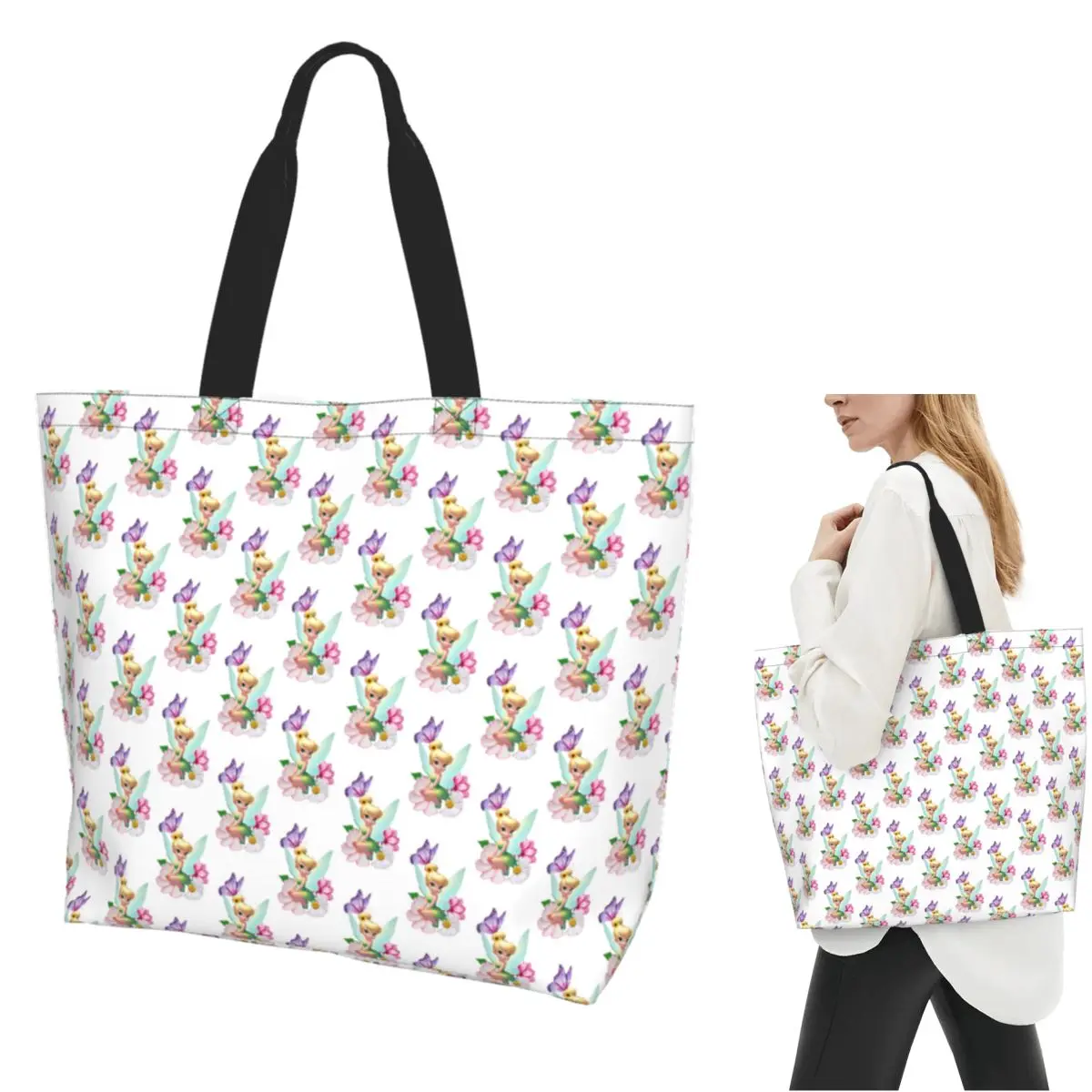 

Tinker Bell Wings Bow Peter Pan Shopping Tote Bag Canvas Large Capacity Shoulder Bags Shopper Grocery Handbag for Women