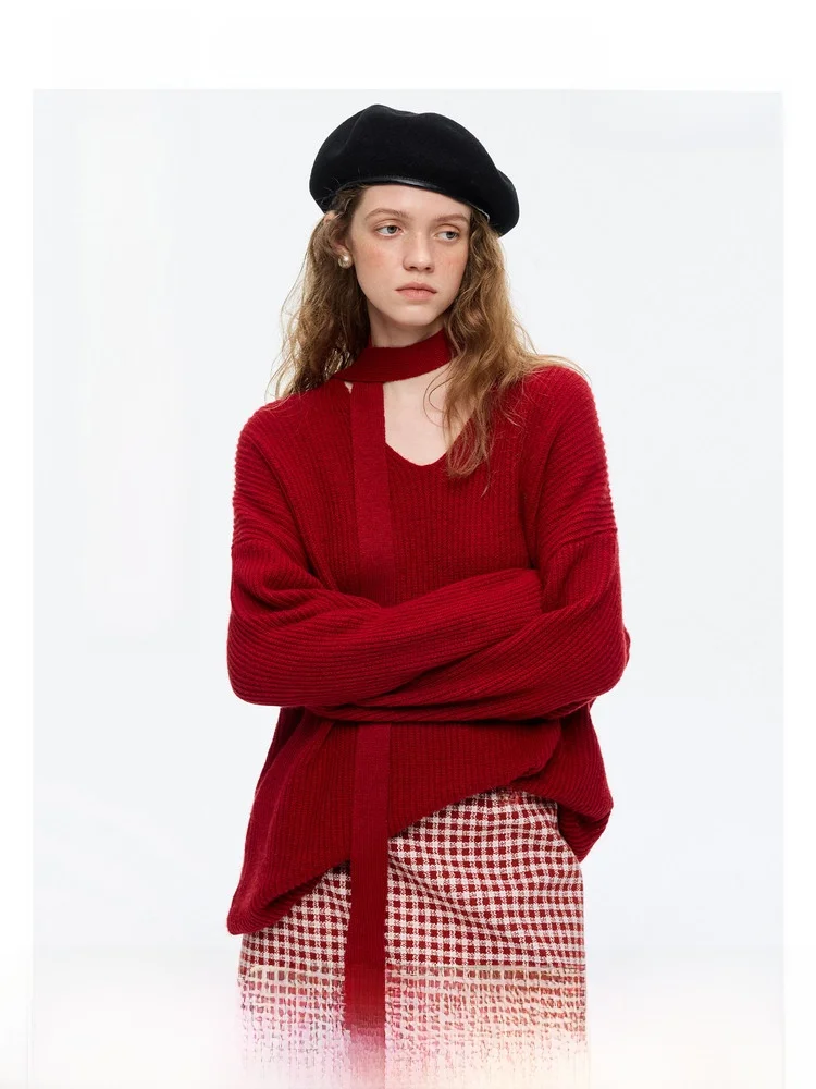 

Красный шерстяной вязаный комплект: свитер с V-образным вырезом и шарф для женщин, зимний, для повседневной носки, свободный крой, теплый, комфортный, модный.