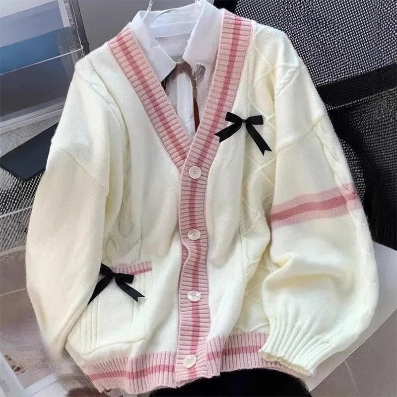 Sweter damski z kokardą, casualowy, słodki, jesienno-zimowy, japoński, klasyczny, w stylu preppy, dzianinowy, płaszcze, Y2K, vintage, kontrastowe kolory, dekolt w serek.