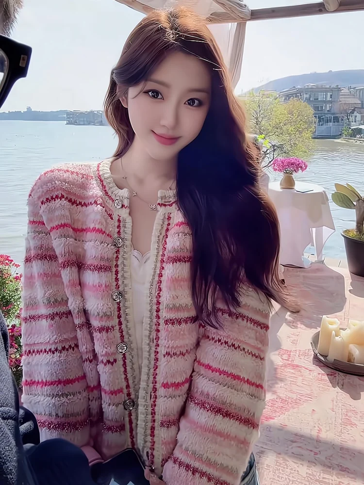 Rosa gestreifter Strickpullover für Damen, Ele Gentle Sle 2025, Herbst, schlankmachend, offene Strickjacke, weiche, lockere Passform, Alltagskleidung