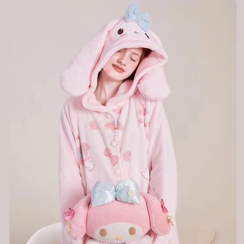 Women Robes Cute My Melody Cartoon Hooded Robes Warm Pajamas Coral Flannel Nightdress Girls Sweet Casual Nightgown Homewear