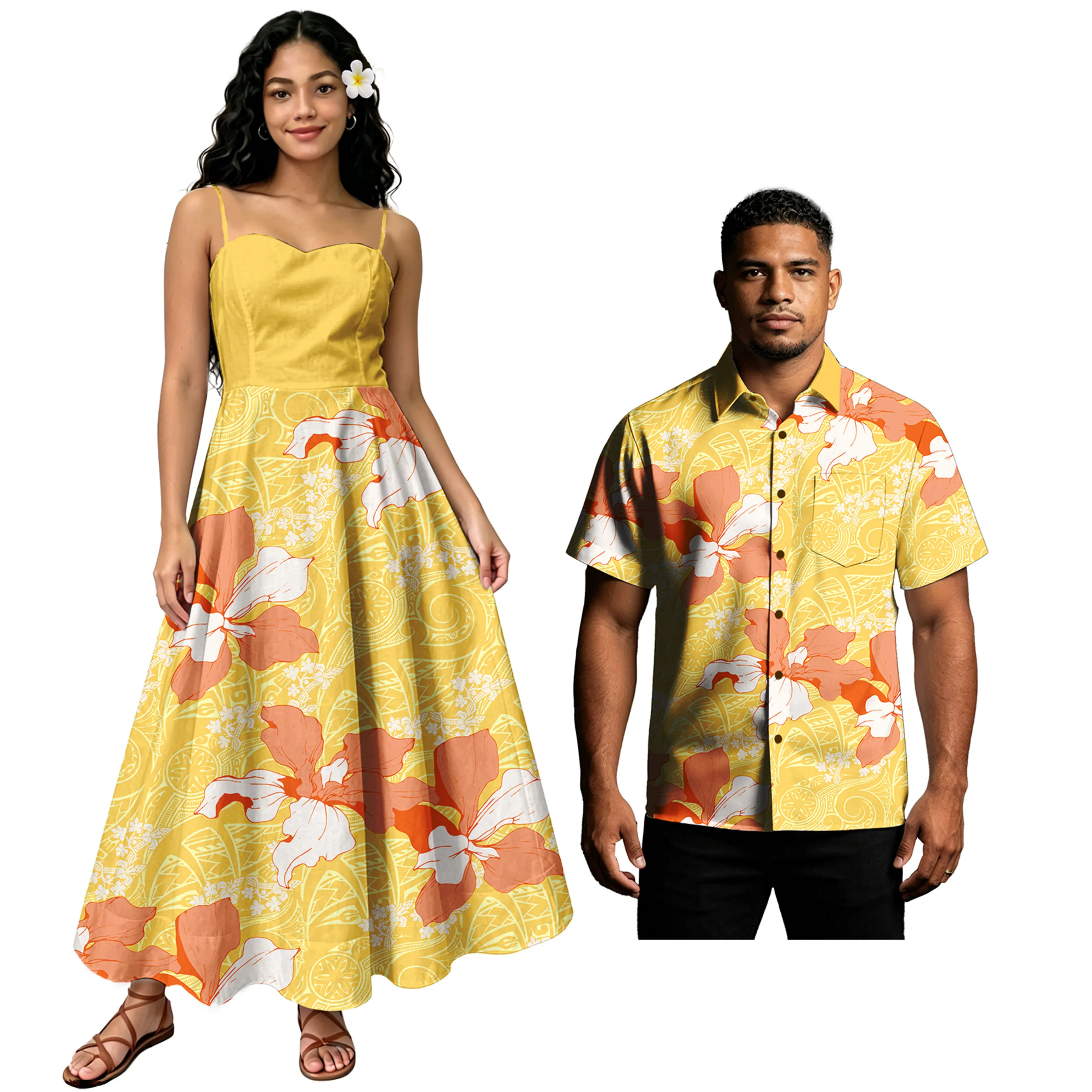 Popular Couple 2pc Set Custom Clothing Aloha Shirt for Men Ruffles Ladies Island Maxi Dress Samoan Polynesian Tribal Couple Suit