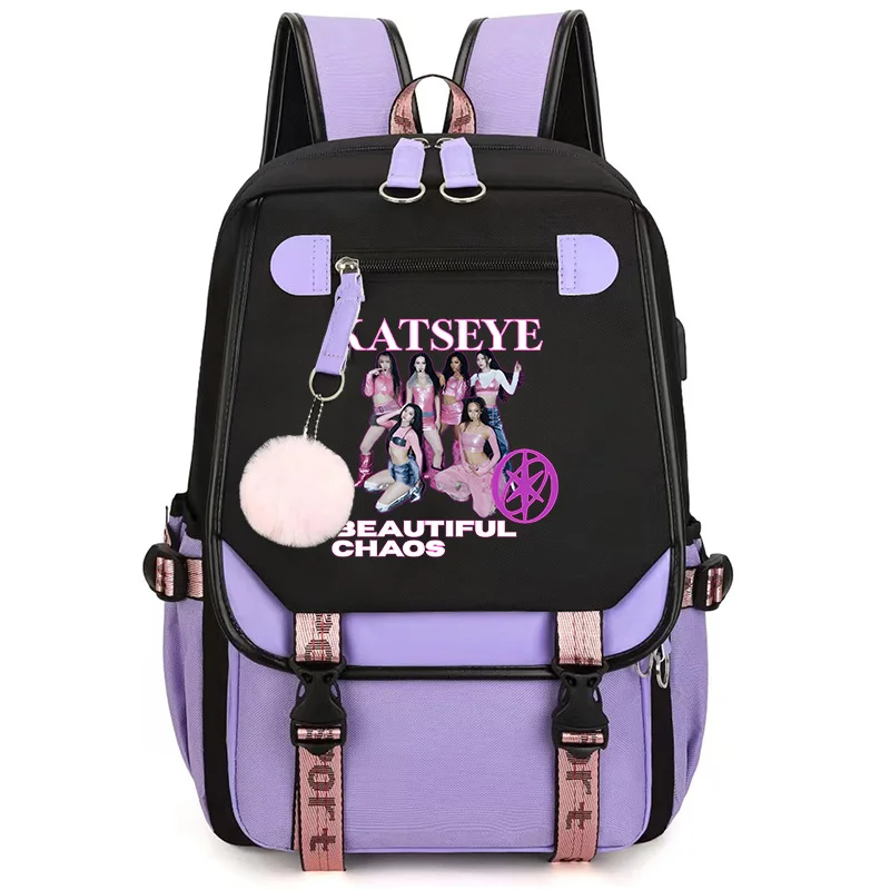 Large Capacity Laptop Rucksack Girls Portrait Print Pink Pom Pom Decor Printed Buckle Strap Multi Layer Storage Pocket SchoolBag
