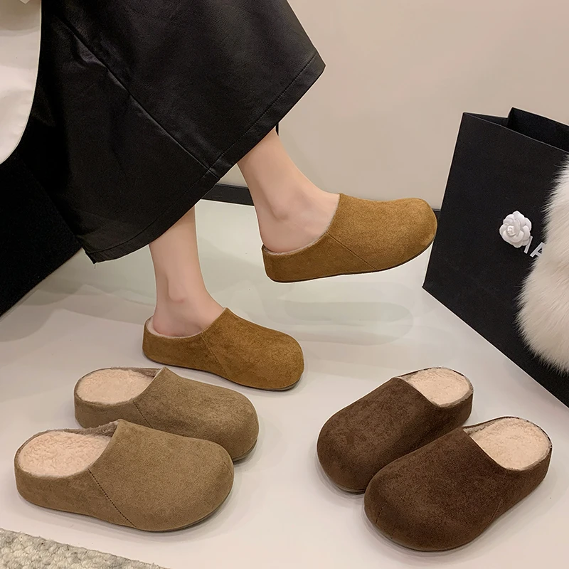 

New Women's Slippers Closed Toe Round Toe Suede Clogs Slippers Autumn New Retro Solid Color Flat Bottom Women's Fashion Shoes