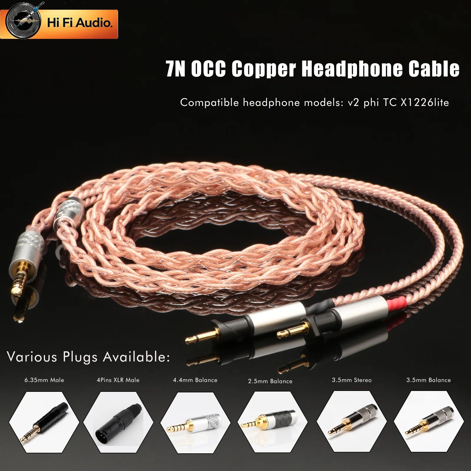 7N OCC Single Crystal Copper Braided Headphone Upgrade Cable, Audiophile HiFi Stereo Cord for Music Listening and Home Audio