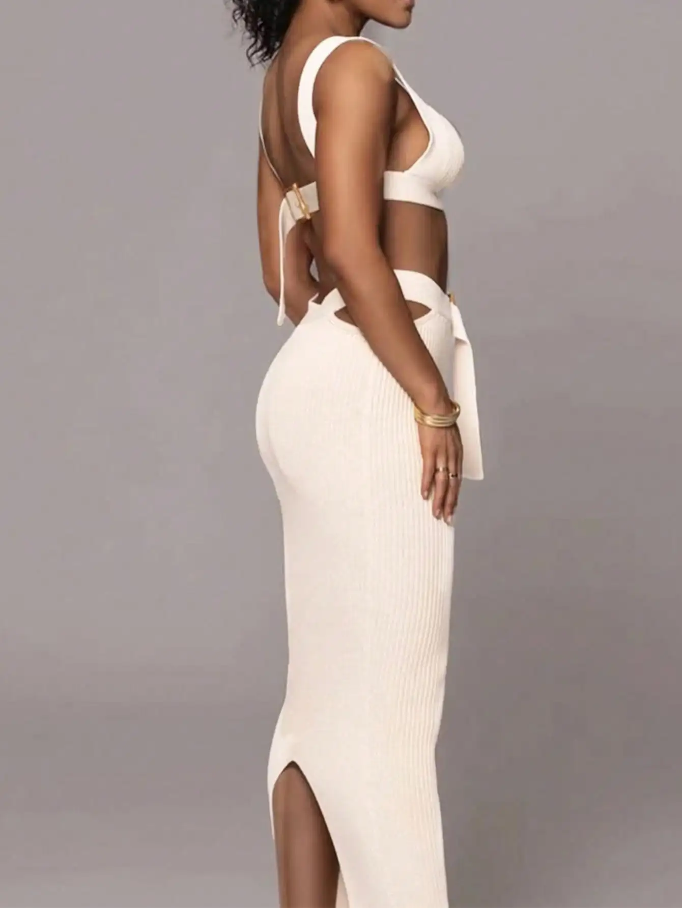 Sexy Women's Knit 2-Piece Set - Sleeveless Crop Top & High Waist Bodycon Maxi Skirt