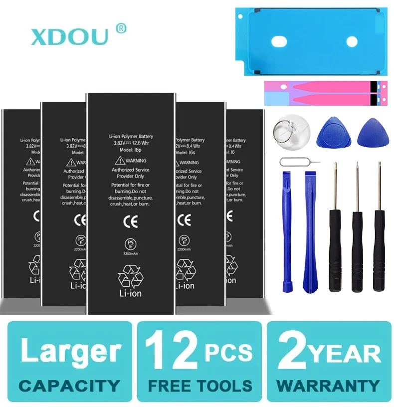 High Capacity Phone Battery For iPhone 5S 5 6S 6 7 8 Plus X SE SE2 XR XS 11 12 13 Mini Pro Max Replacement Bateria 4 4S 7 Tools for iphone 14 plus 100set battery adhesive strip sticker