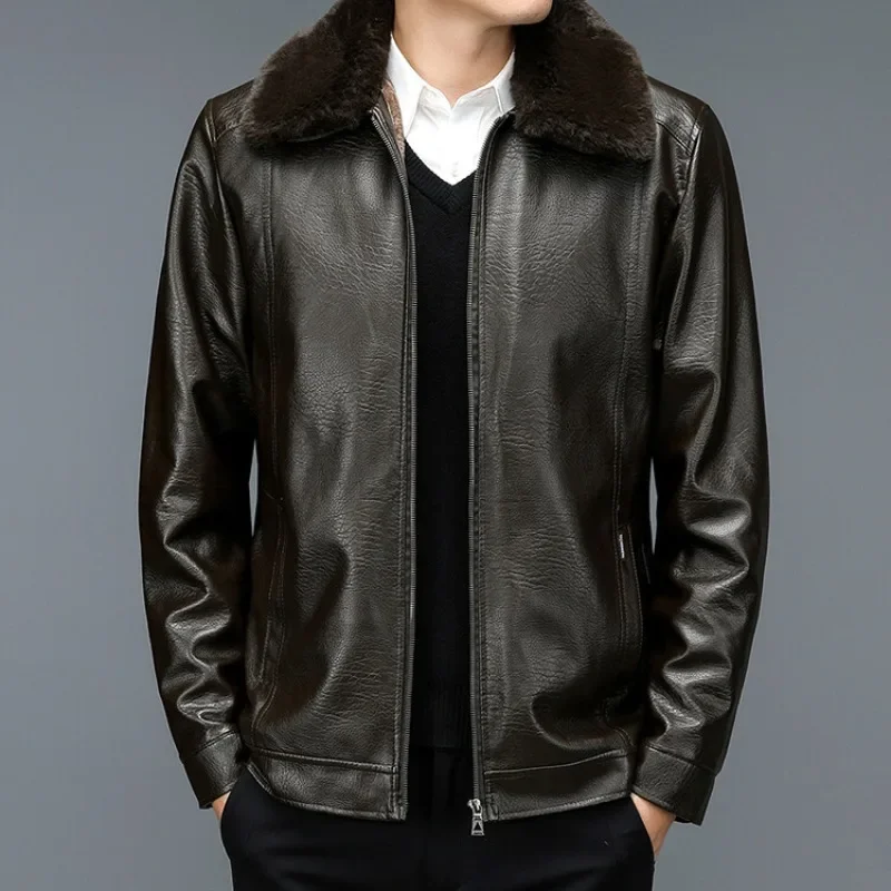 Men's Winter Leather Jacket with Fleece Collar Long Sleeved Warm Men's Jacket Middle-aged Dad