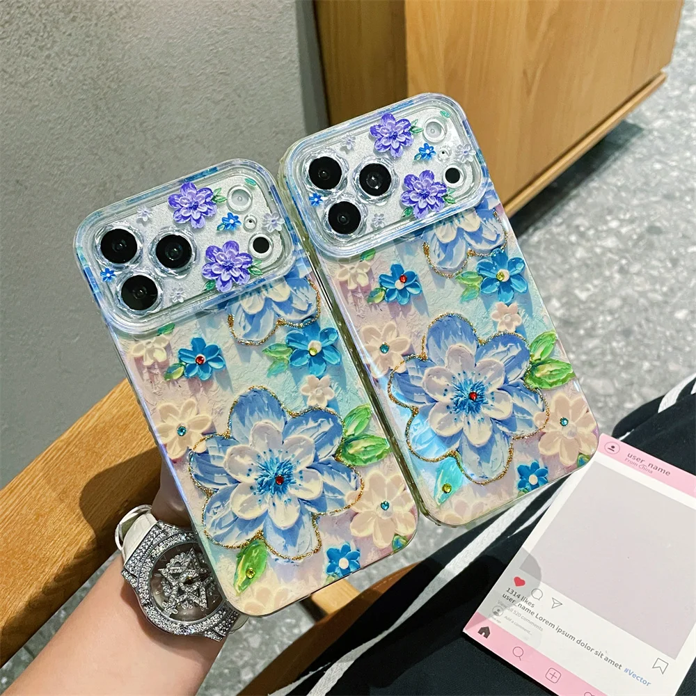 

Luxury Glossy Cream Blue Flower Printed Phone Case for iPhone 17 Pro Max Glitter Diamond Edge Cover for iPhone 16 15 14 13