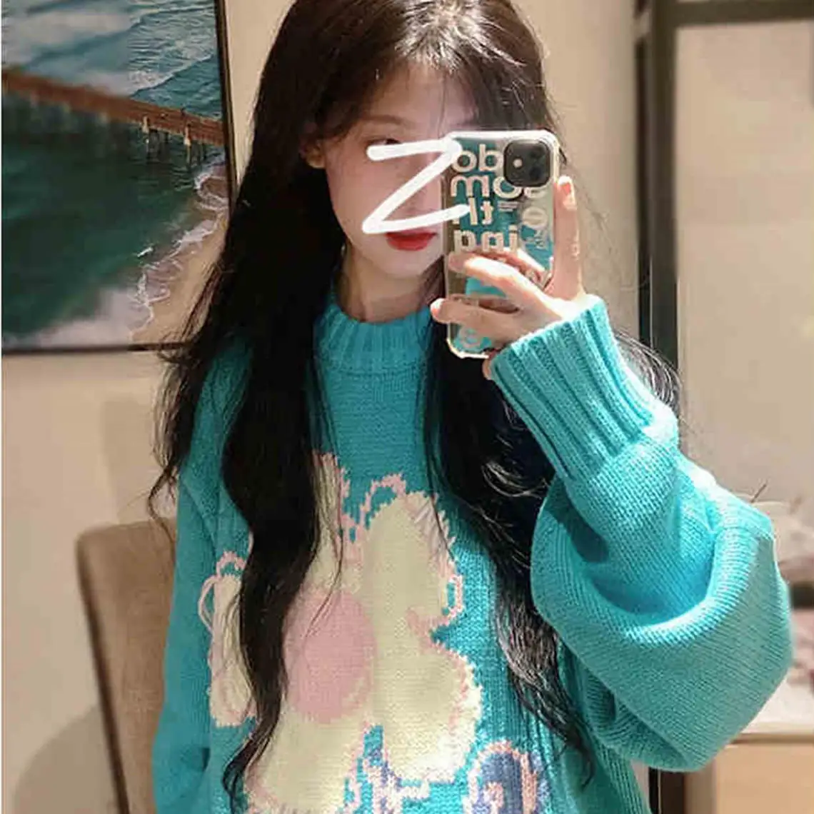 Floral Blue Sweater Korean Sweet Sweater Lazy Style 2022 New Knitwear Pullovers Sweater Printing Loose Solid Women Sweater