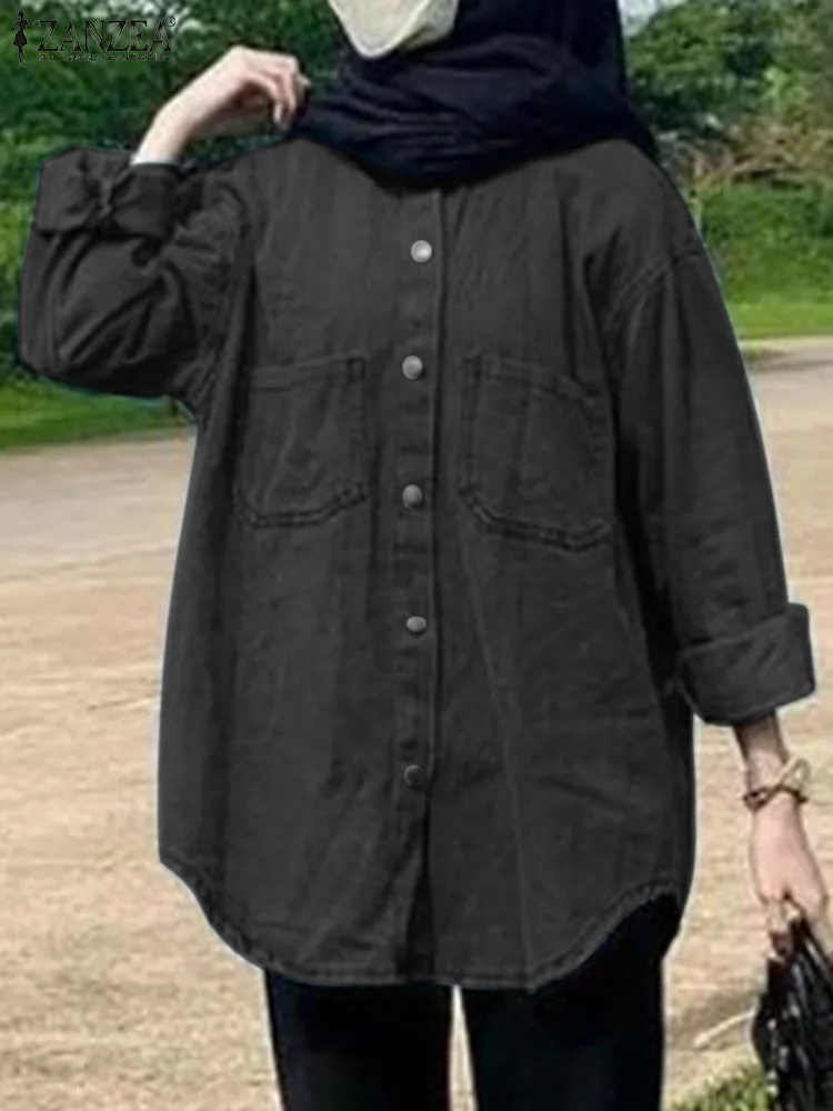 

ZANZEA Vintage Denim Blue Blouse Women Long Sleeve Muslim Tops Abaya Oversize Autumn Shirts Turkey Kaftan Casual Loose Blusas