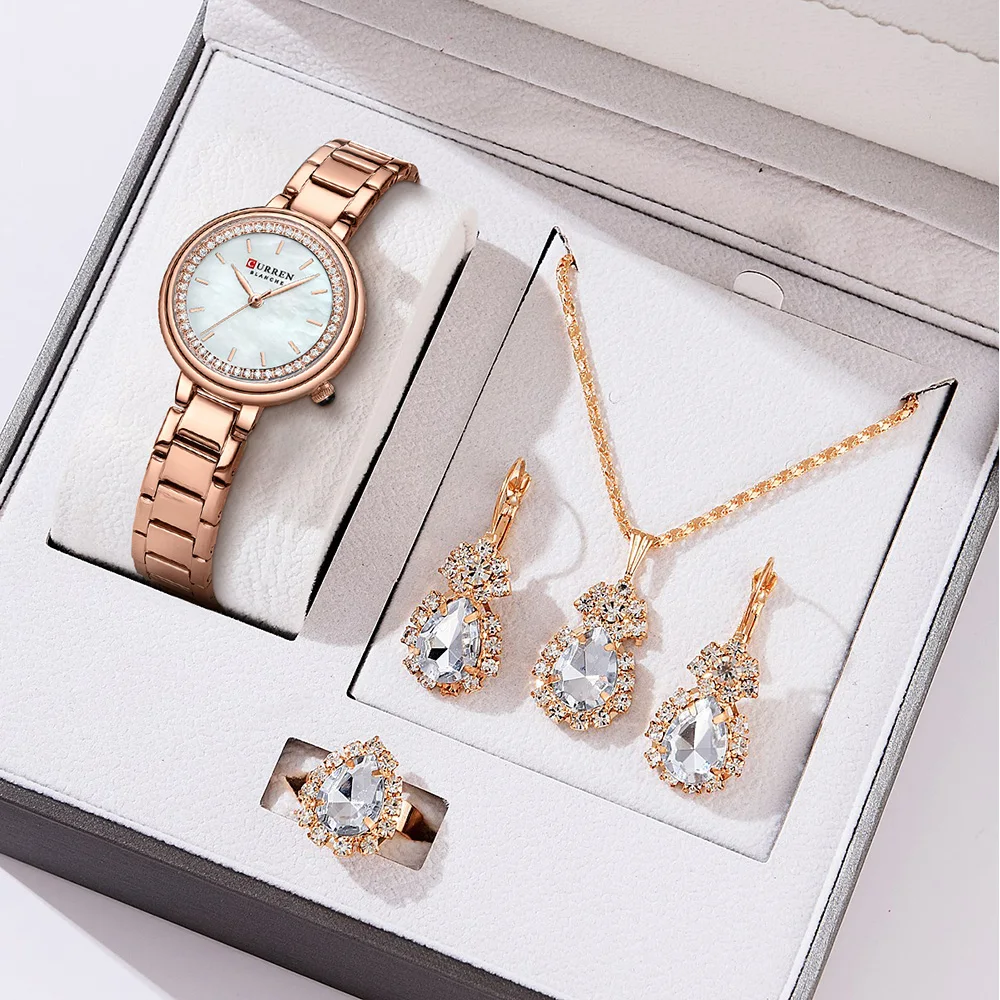 CURREN 5pcs Set Watch Set For Women Luxury Stainless Steel waterproof Analog Ladies Quartz Wristwatch Fashion Bracelet Watch