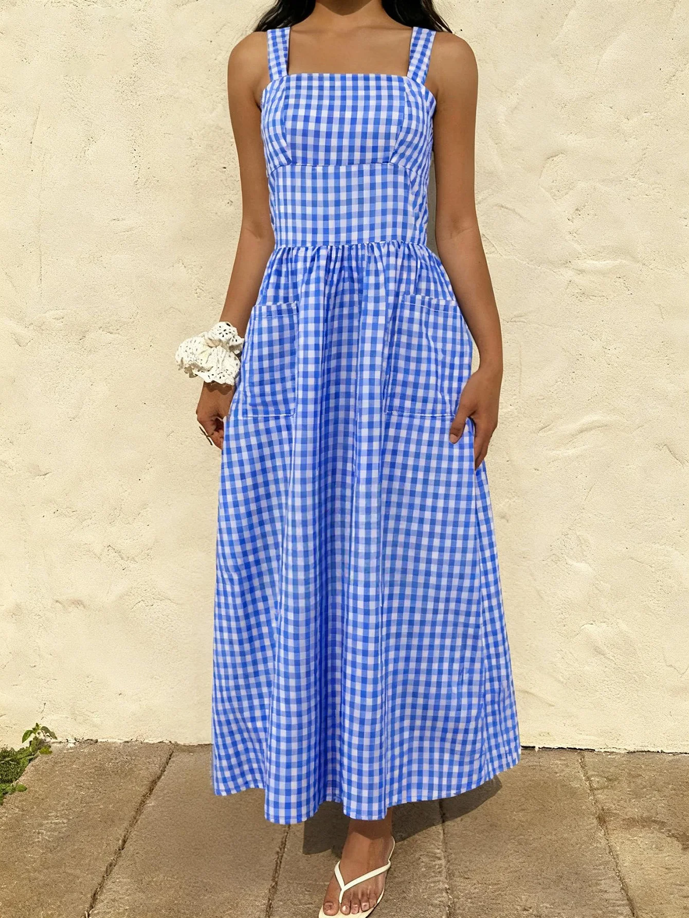 

Women's Blue Gingham Maxi Dress Square Neck Wide Strap High Waist Pocket For Summer Beach Vacation Casual Wear