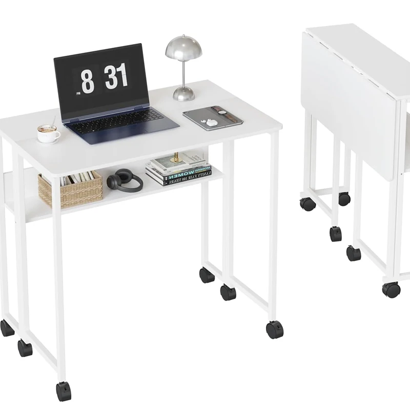 Folding Desk 63cm Foldable Computer Desk for Small Spaces | Space-Saving Writing Table on Wheels with Storage Shelf or Home Office, Bedroom, Living Room