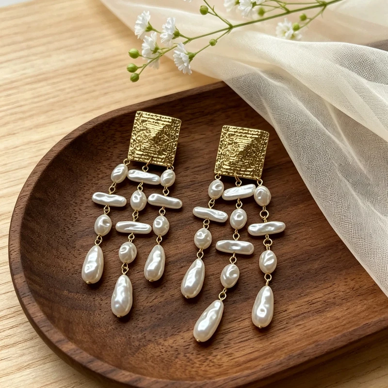 Vintage Baroque Imitation Pearl Tassel Drop Earrings for Women Gold Color Long Earrings Wedding Party Elegant Jewelry Accessory