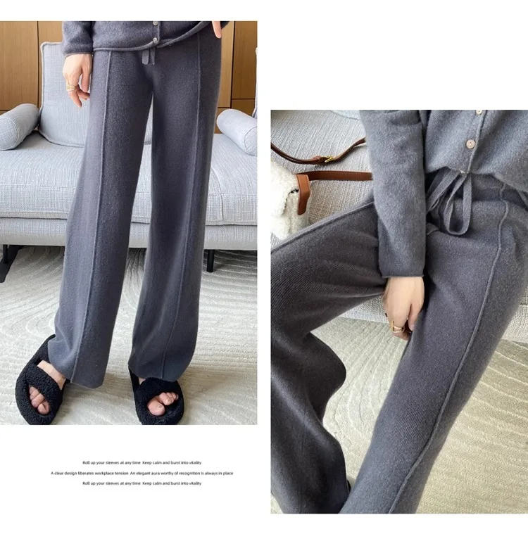 2024 High-end Cashmere Temperament Wide-leg Pants Women's High Waist 100 Pure Wool Pants Loose Casual Straight Outer Trousers