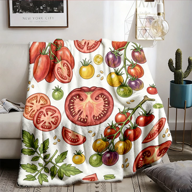 Vintage Tomato 90s Graphic Flannel Blanket, Retro Summer Vegetable Garden Nature Y2k Unisex Flannel Throw