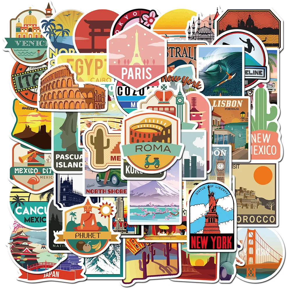 

50PCS Cartoon Travel City Scenery Sticker Personalized Fun DIY Skateboard Motorcycle Helmet Waterproof Graffiti Decal Toy Gift