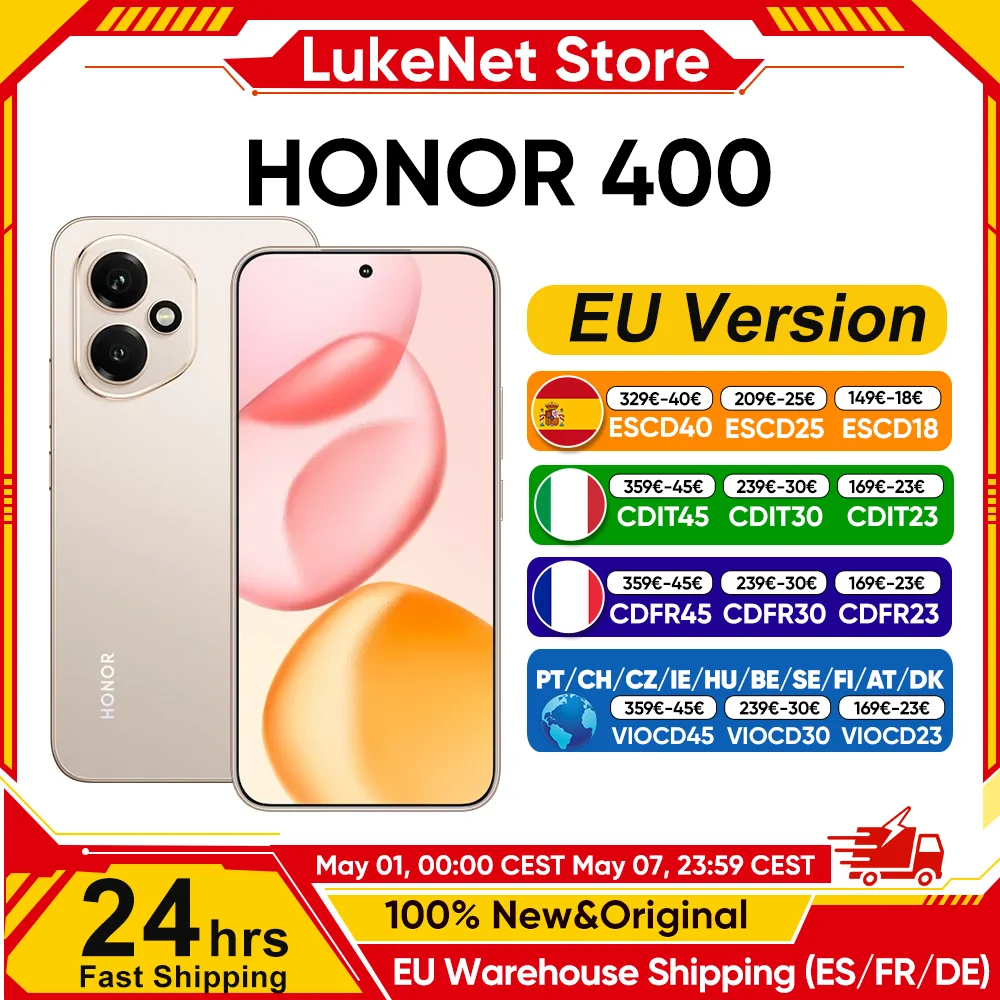 Version EU du smartphone HONOR 400 5G, Snapdragon 7 Gen 3, appareil photo IA 200MP, écran AMOLED 6,55'', 5300mAh, SuperCharge 66W