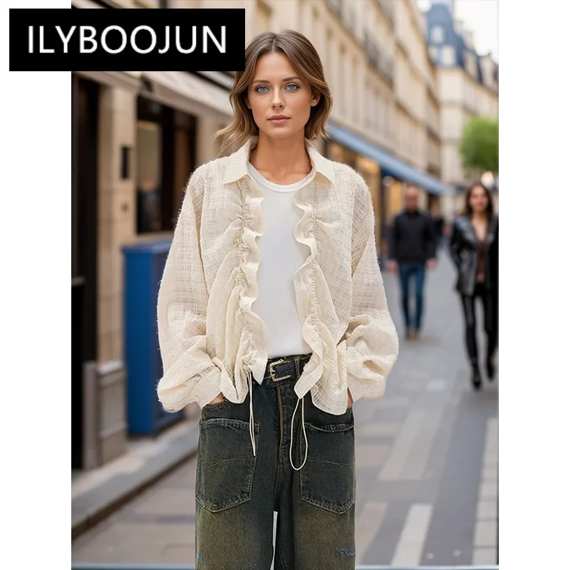 

ILYBOOJUN Solid Spliced Folds Short Blouses For Women Lapel Neck Long Sleeve Patchwork Drawstring Elegant Shirt Female New