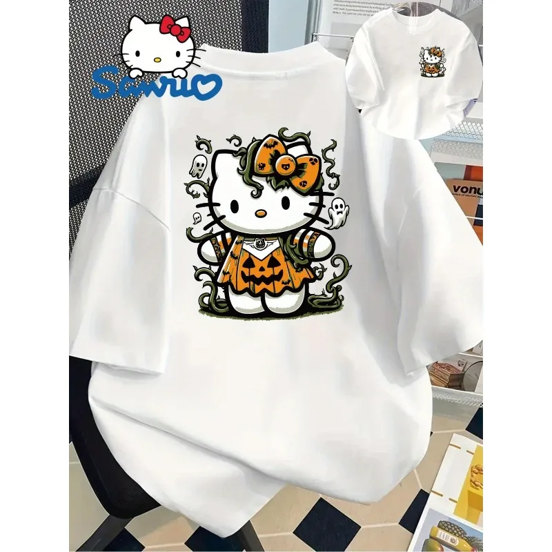 

Hello Kitty Cartoon Creative Print T-shirt Halloween New Style Women's Fashion Loose-fitting Casual Short-sleeved Round Neck Top