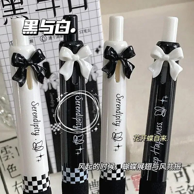 4pcs/box Sweet Chic Korean Gel Pen for Girls Black Pink White Bow Stationery Gel Pen 0.5mm Black Ink Pen for Writing School