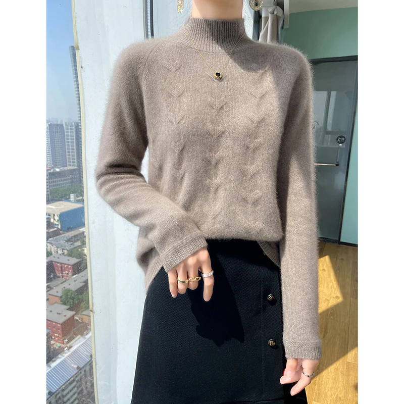 Thickened Half High Collar Pullover Women's AutumnWinter Warm Solid Color Long Sleeved Loose Jumpers 100%Merino Wool KnitSweater