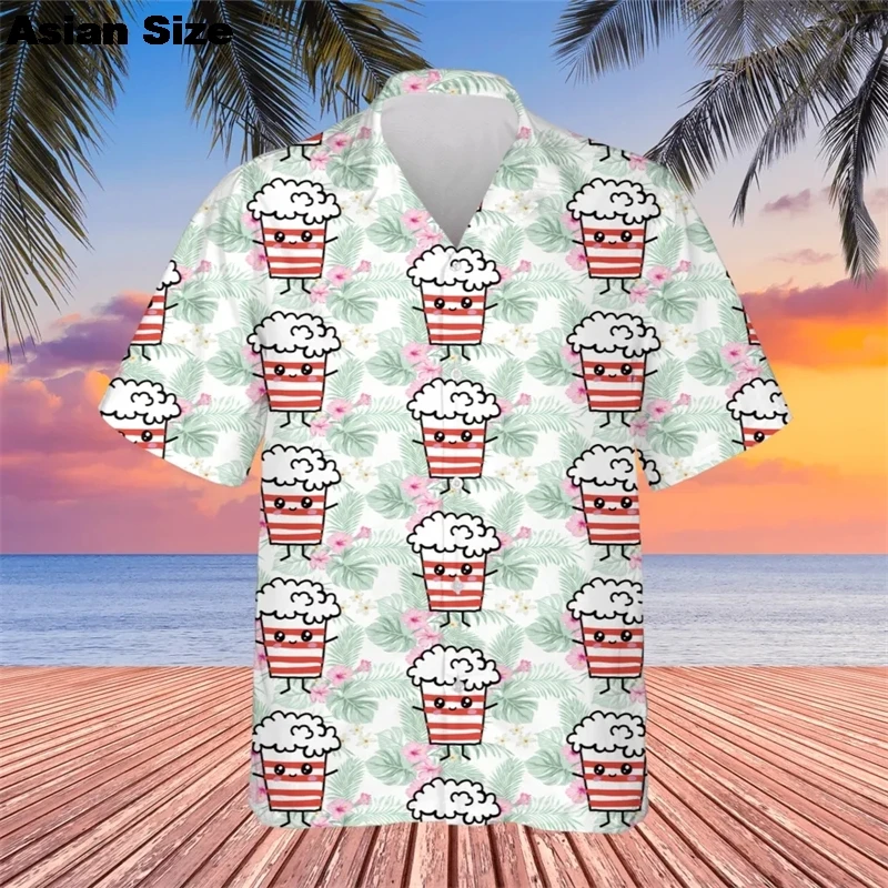 New Popcorn Graphic Female Blouses Funny Snack Puffed Rice Shirts For Men Kawaii Hawaii Beach Shirt Cartoon Lapel Blouse Tops