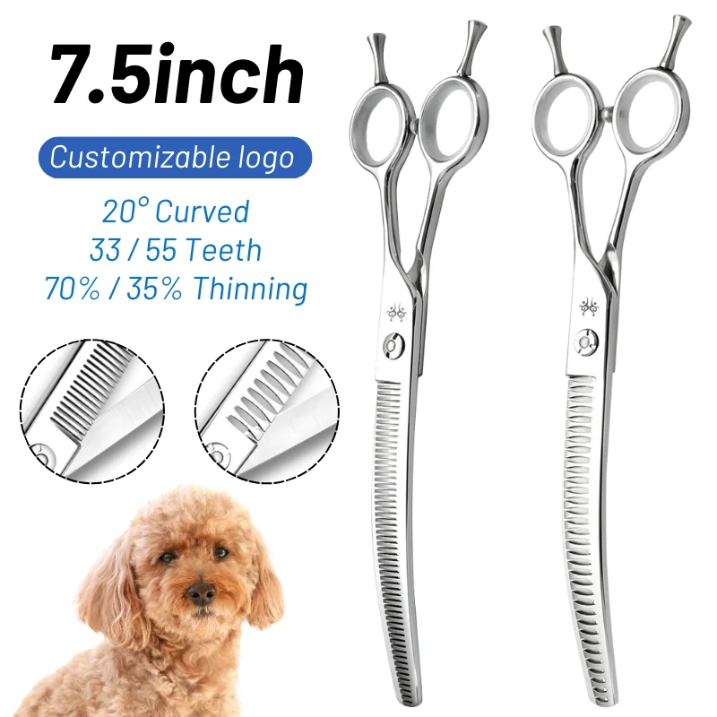 

7.5IN 20° Curved Dog Beauty Grooming Scissors Pet Groomer 33 / 55Teeth Thinning Fish Bones Shears Puddy Груминг tijeras curvas