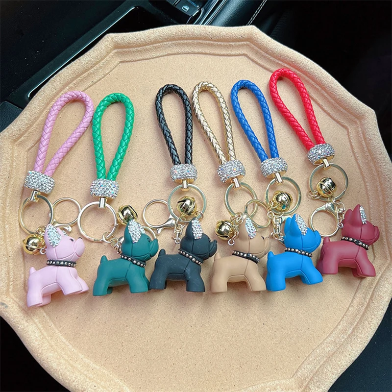 Stilvoller Persönlichkeits-Schlüsselanhänger mit französischer Bulldogge, gewebtes Leder, Schlüsselanhänger für Taschenzubehör, Auto-Anhänger, Anti-Verlust-Schlüsselanhänger