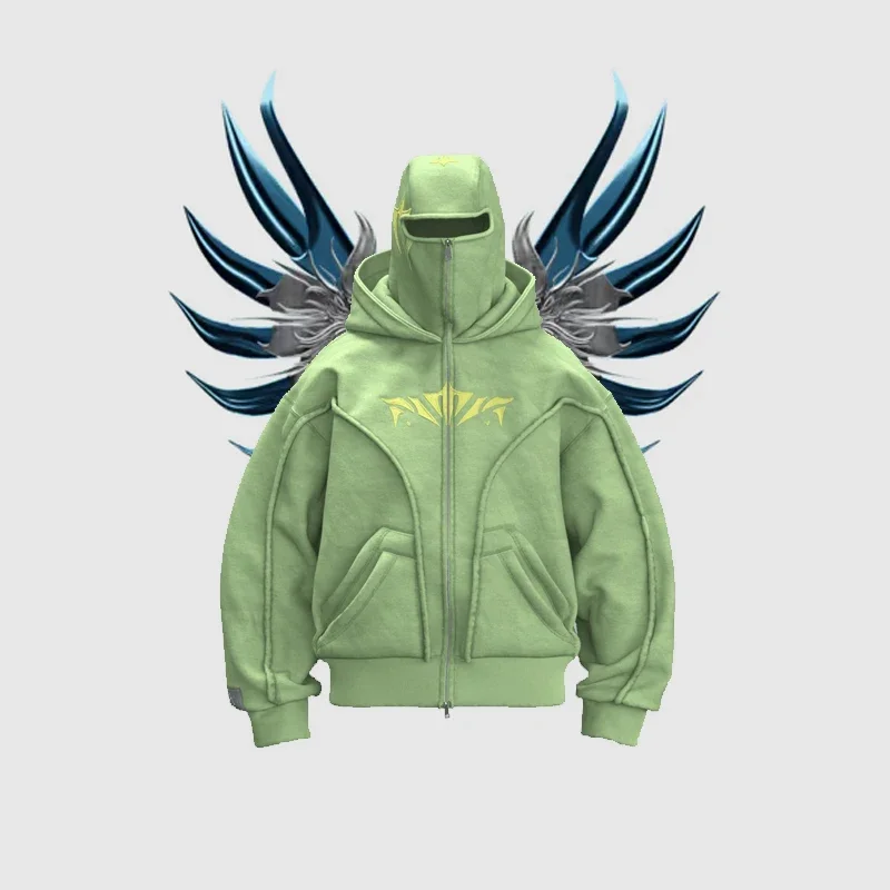 

Y2K Windproof Mask Hoodie Zip Up Double Hat Balaclava Embroidery Streetwear Retro Gothic Heavyweight Unisex Oversize Sweatshirt