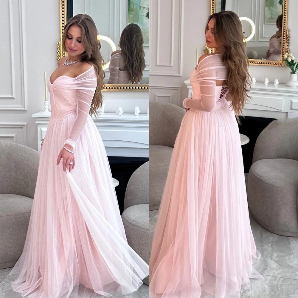 

Customized Matching Exquisite Tulle Pleat Ruched A-line Off-the-shoulder Long Dresses Bespoke Occasion Dresses Sizes Available