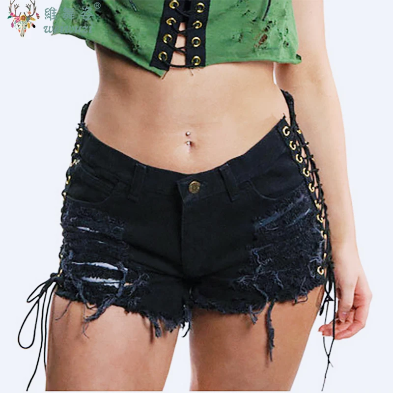 

Женские джинсы на шнуровке с вырезами для пляжной вечеринки, джинсовые шорты Y2k, сексуальные шорты для ночного клуба DJ Pole Dance DS с низкой талией, облегающие шорты
