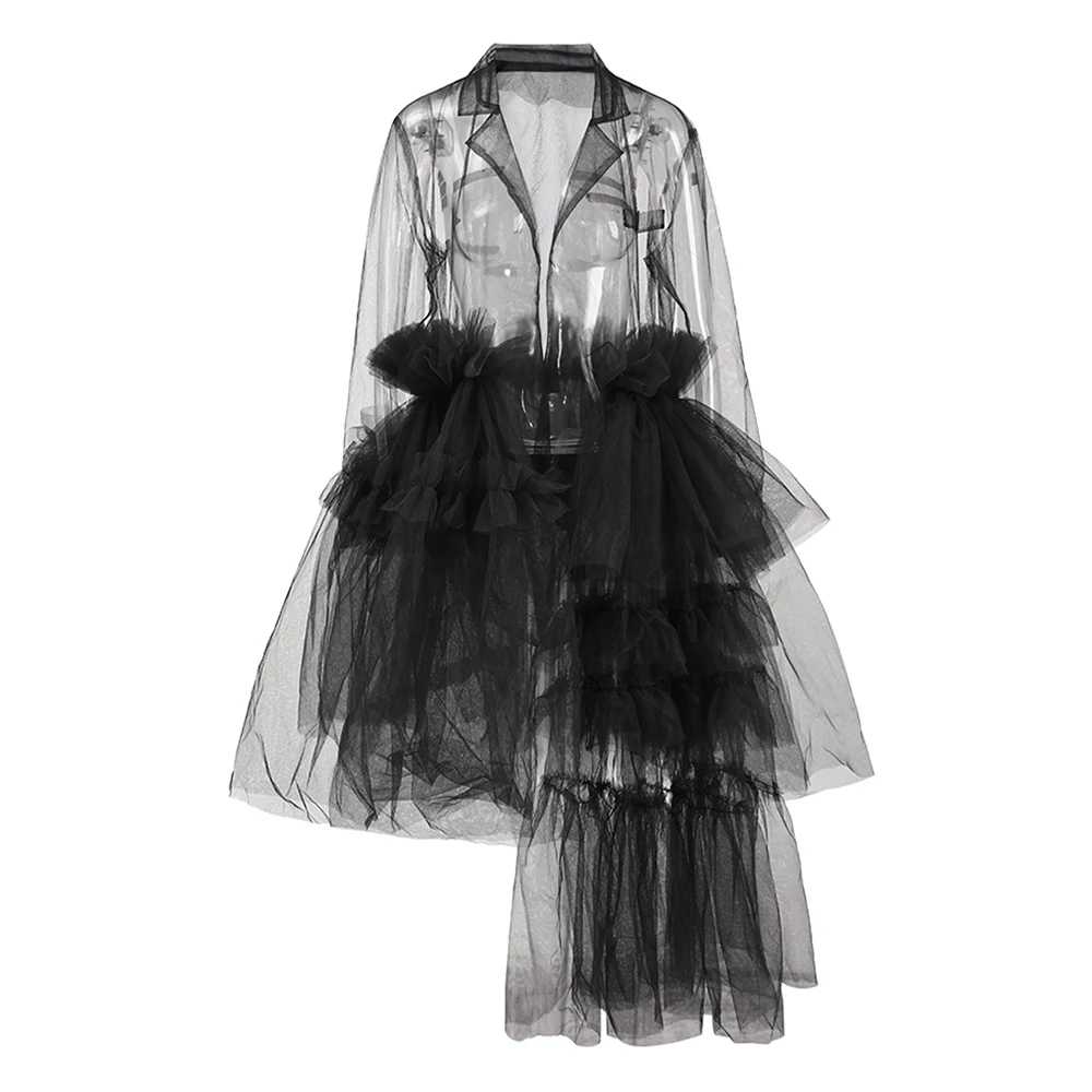 

Studio Heavy Embroidery Irregular Hem Multi-Layered Mesh Dress Women's Spring Summer Fashion Long Sleeve Suit Collar Dress