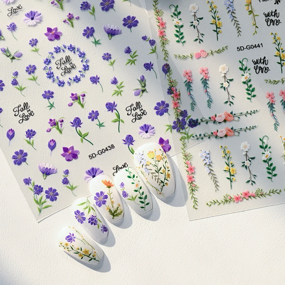 1개입 정교한 식물 꽃 네일 아트 데칼 5D 오렌지 빈티지 플로럴 네일 스티커 DIY 식물 핸드북 매니큐어 스티커 장식