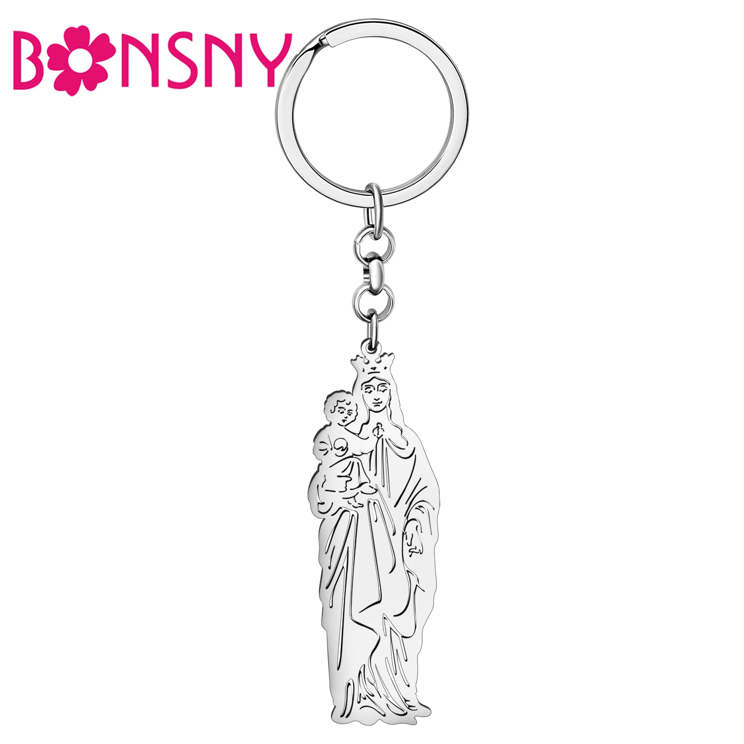 BONSNY Silver Plated Catholic Virgin Mary Key Ring Key Chains Stainless Steel Keychain Car Bag Accessories For Women Girls Gifts