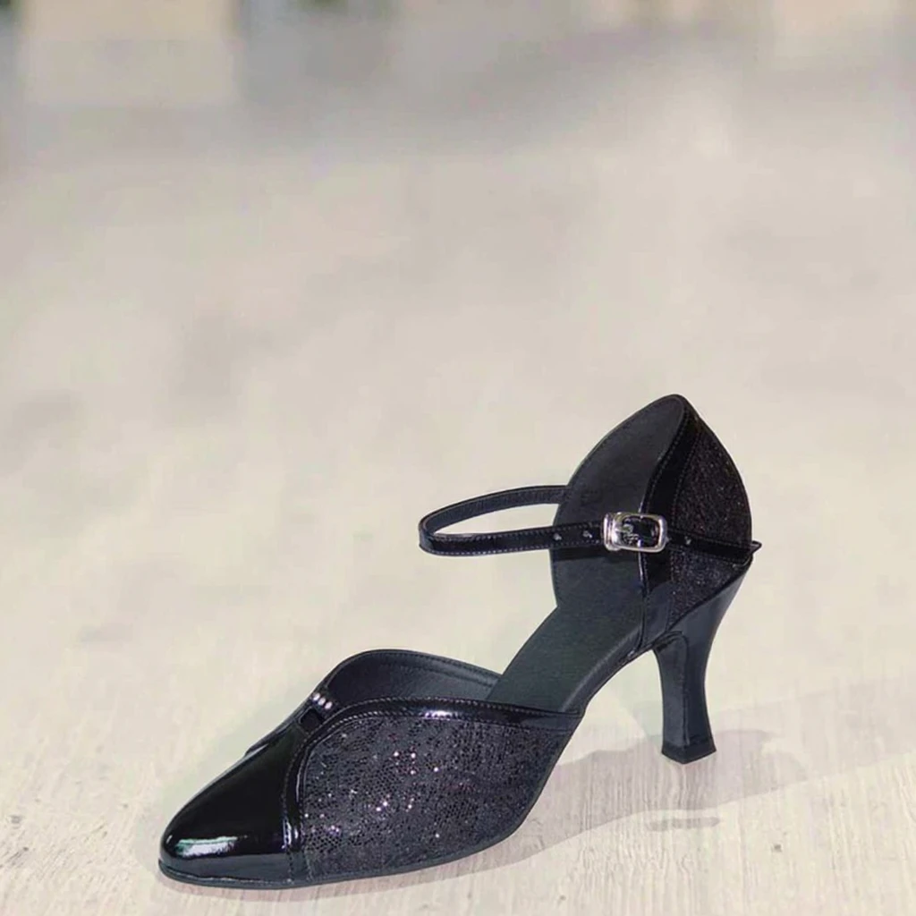 

Practice Women Dance Shoes 7cm Heeled Ballroom Latin Dancing Shoes Black PU Salsa Rumba Modern Sneaker Latino Party Dance Shoes